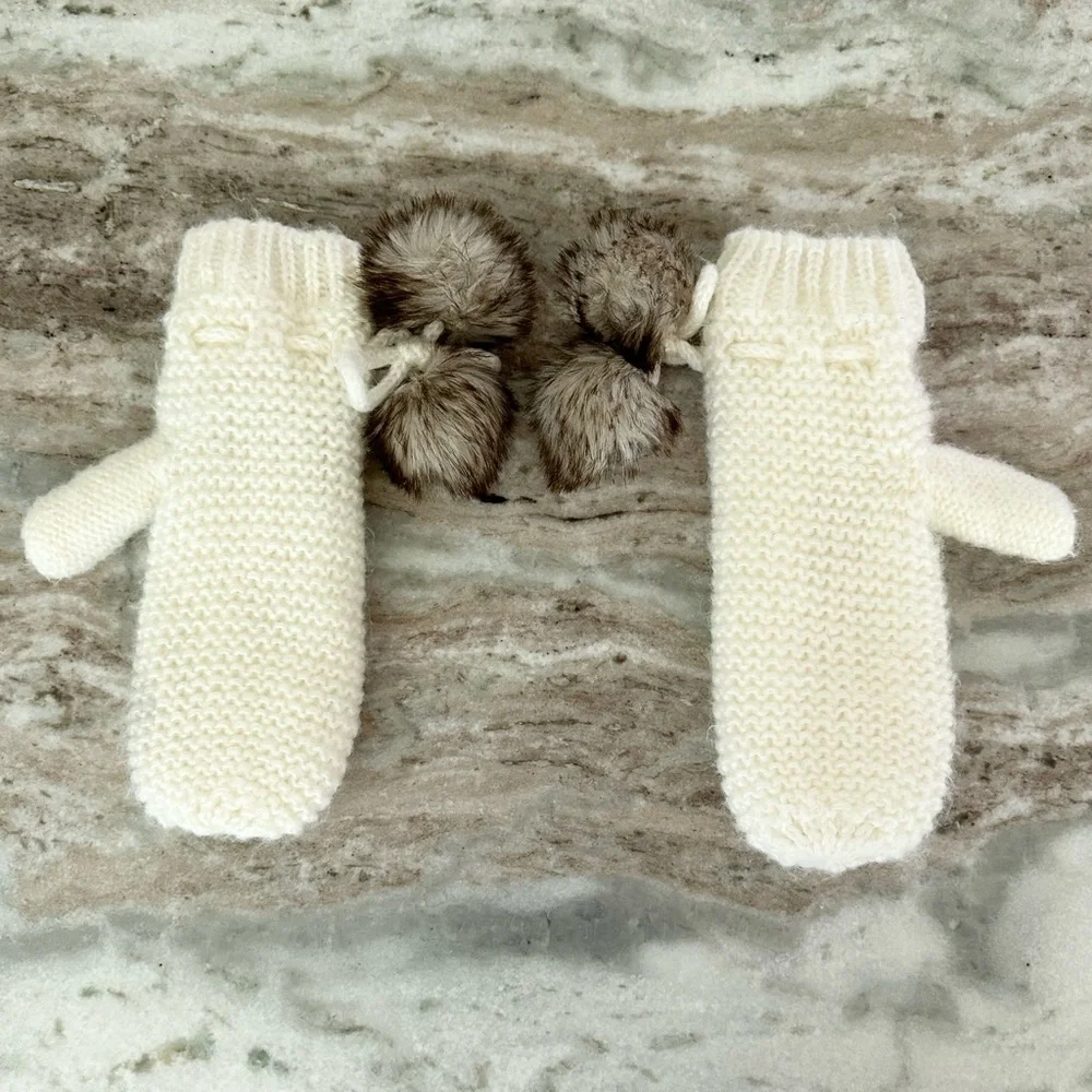 Cream Cozy Fleece Lined Knit Mittens Faux Fur Pom Poms - Winter / Cold Weather